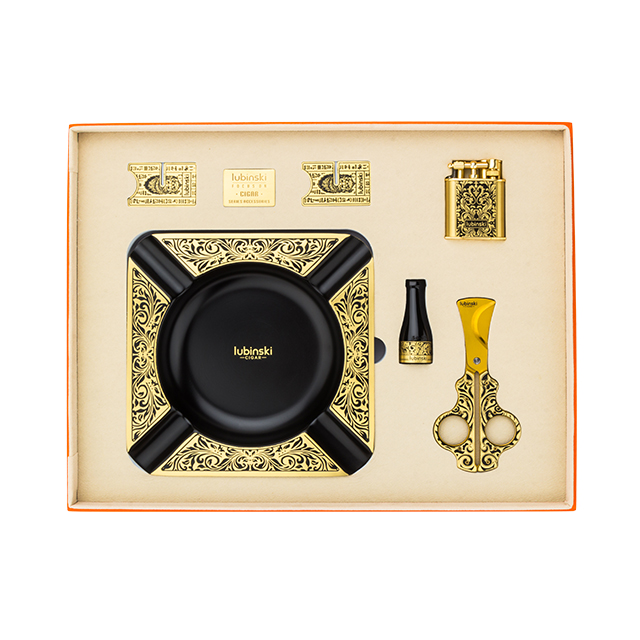 LUBINSKI豪华雪茄烟具套装纯铜烟灰缸打火机剪刀雪加托架烟嘴礼盒  YJA-80011