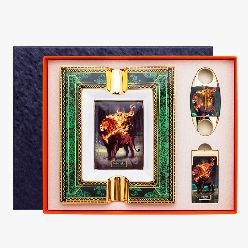 LUBINSKI鲁宾斯基 雪茄工具礼盒便携烟灰缸蓝焰直冲打火机剪刀三件 YJA-80035